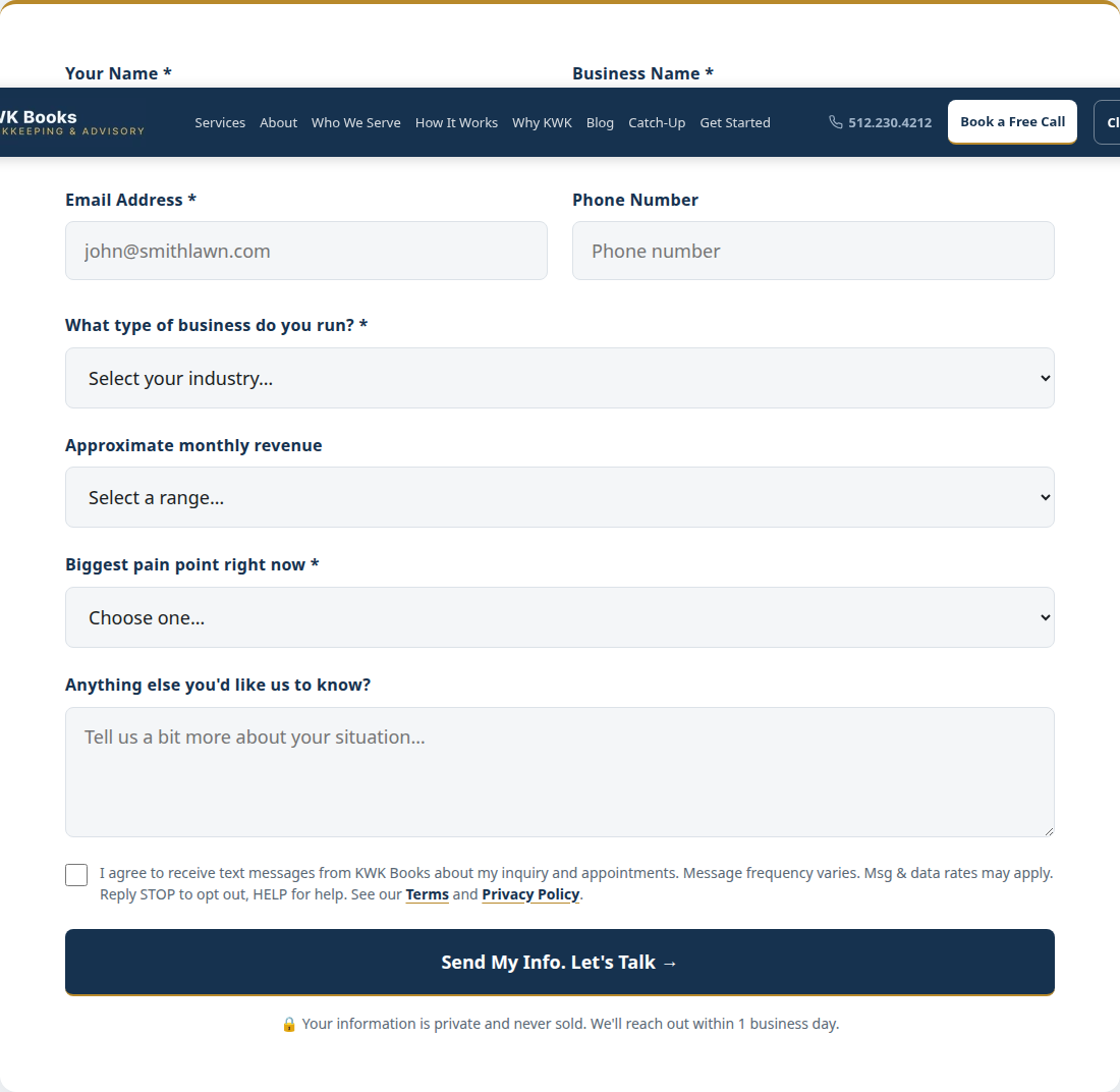 Contact form on kwkbooks.com/contact/ at desktop width, SMS consent checkbox unchecked