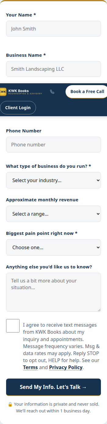 Contact form on kwkbooks.com/contact/ at mobile width, SMS consent checkbox unchecked