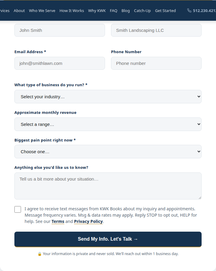 Home page contact form on kwkbooks.com at desktop width, SMS consent checkbox unchecked