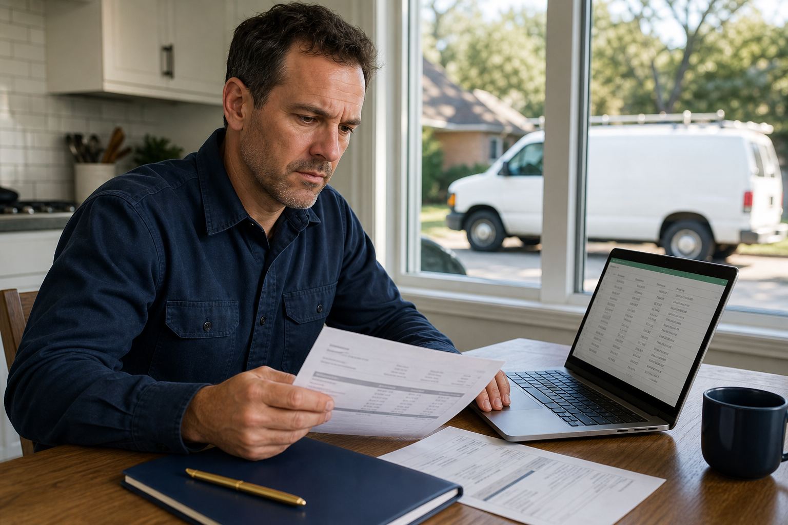 Contractor reviewing invoices and bookkeeping costs at a kitchen table