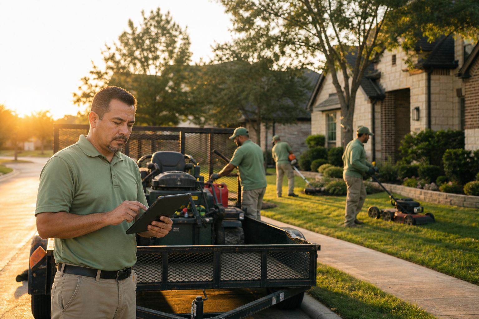 Lawn care crew owner checking the day's jobs beside mowers on a trailer