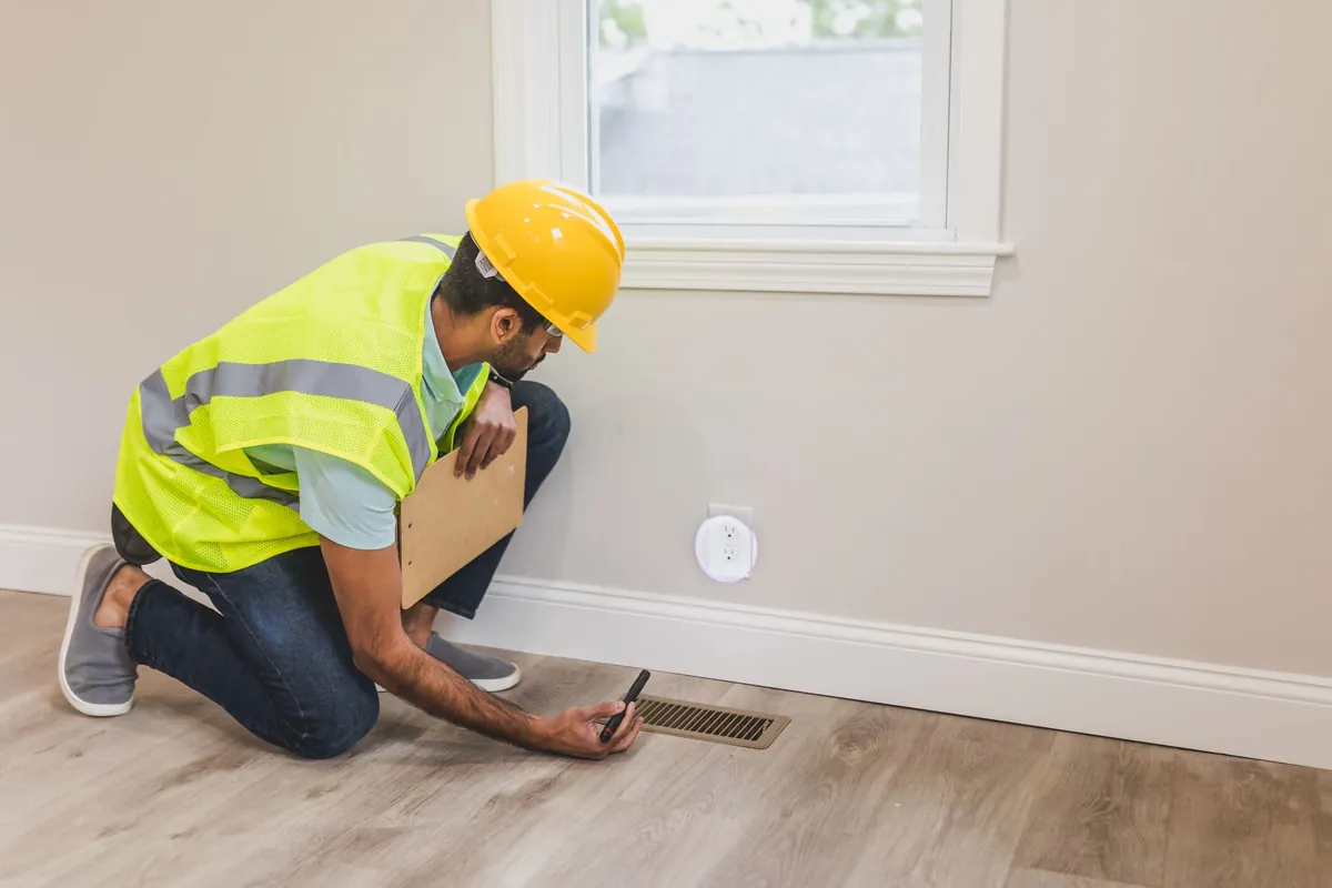 Contractor in a hard hat checking a floor vent in a finished home
